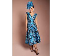 Coast Women's V Neck Floral Jacquard Midi Dress in Blue | Size: 16 Coast Blue 16