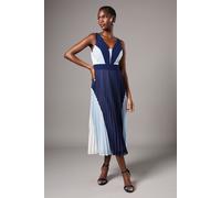 Coast Women's V Neck Pleated Chiffon Panelled Midi Dress in Navy | Size: 8 Coast Navy 8