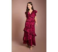 Coast Women's V Neck Satin Jacquard Ruffle Midi Dress in Burgundy | Size: 14