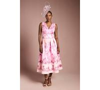 Coast Women's V Neck Structured Satin Placement Print Midi Dress in Coral | Size: 14 Coast Coral 14