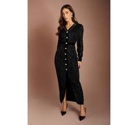 Coast Women's V Neck Textured Long Sleeve Button Detail Midi Dress in Black | Size: 14 Coast Black 14