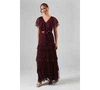 Coast Women's V Neck Tiered Mesh Maxi Bridesmaid Dress in Malbec | Size: 10 Coast Malbec 10