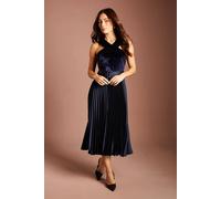 Coast Women's Velvet Cross Neck Pleated Satin Skirt Midi Dress in Navy | Size: 14