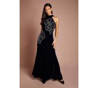 Coast Women's Velvet Halter Neck Embellished Floral Maxi Dress in Navy | Size: 10