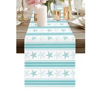 Coastal Aqua Stripes Table Runner 13 x 60 Inch, Starfish Minimalist Nautical Beach Summer Washable Cotton Linen Dining Table Runner Tabletop Decorations for Restaurant Home Kitchen Party