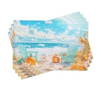 Coastal Autumn Beach Placemats Set of 4, Orange Pumpkin Seaside Place mats for Dining Table, Non-Slip Washable Indoor Outdoor Party Decorative Placemats 18x12 Inch