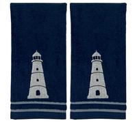 Coastal Bathroom Fingertip Towels - Set of 2 Dark Blue 100% Cotton Embroidered Lighthouse Design with Striped Border - 18 x 12” Decorative Bath & Kitchen Towels