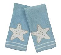 Coastal Bathroom Fingertip Towels - Set of 2 Light Blue 100% Cotton Embroidered Starfish with Gold Accents Design - 12 x 18” Bath & Kitchen Decor