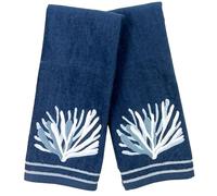 Coastal Bathroom Hand Towels - Set of 2 Navy Blue 100% Cotton Embroidered Coral Reef Design - 25 x 16” Decorative Bath & Kitchen Towels