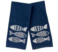 Coastal Bathroom Hand Towels - Set of 2 Navy Blue 100% Cotton Embroidered White Fish Design - 25 x 16” Decorative Bath & Kitchen Towels