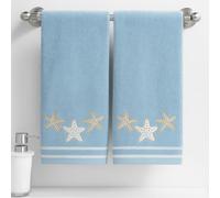 Coastal Bathroom Hand Towels - Set of 2 Soft Light Blue 100% Cotton Embroidered Starfish with Gold Accent Design - 25 x 16” Decorative Bath & Kitchen Towels