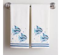 Coastal Bathroom Hand Towels - Set of 2 White 100% Cotton Embroidered Bubble Fish Design - 25 x 16” Decorative Bath & Kitchen Towels