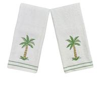 Coastal Bathroom Hand Towels - Set of 2 White 100% Cotton Embroidered Tropical Palm Tree Design -18x12” Decorative Bath & Kitchen Towels