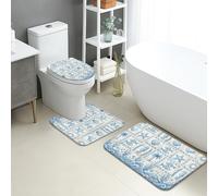 Coastal Bathroom Mat Sets 3 Piece, Blue Ocean Shells Patterns Absorbent Non Slip Toilet Rugs U Shaped Washable, Summer Beach Quick Dry Flannel Bathroom Rug Set