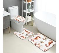 Coastal Bathroom Mat Sets 3 Piece, Seahorses Coral Absorbent Non Slip Toilet Rugs U Shaped Washable, Nautical Quick Dry Flannel Bathroom Rug Set