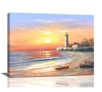 Coastal Beach Bathroom Decor Wall Art Boat Lighthouse Seagull Pictures Wall Decor Beach Sailboat Canvas Prints Painting Decorations Framed Artwork for Living Room Bedroom 16"x12"