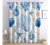 Coastal Beach Blackout Curtains for Bedroom Living Room, Coral Seashell Seahorse Curtains 66 x 54, Thermal Insulated Eyelet Ocean Themed Window Treatments 54 Drop, 2 Panels Drapes, Home Decor