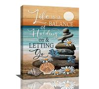 Coastal Beach Canvas Wall Art Ocean Sunset Zen Stones Seashells Daisy Wall Decor Inspirational Life Quotes Pictures Painting Prints Framed Artwork Decor for Bedroom Bathroom Living Room 12"x16"