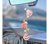 Coastal Beach Car Decor - Pink Cute Sea Shells Hanging Charm for Rear View Mirror - Boho Car Accessories Starfish Aesthetic Ornament Pendant for Women Girl