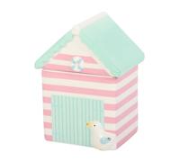 Coastal Beach Hut Wax Melt Burner, Pink and White Striped Ceramic, Mint Green Roof with Duck Design, Nautical Theme Tealight Holder