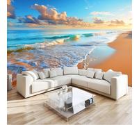 Coastal Beach Sand Clouds Waves Wall Mural 250 x 175 cm Blue Non-Woven Photo Wallpaper, Large Wall Covering for Living Room & Bedroom, Paste the Wall
