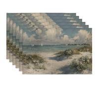 Coastal Beach Scene Placemats, Blue Ocean Landscape Place mats for Dining Table, Non-Slip Washable Indoor Outdoor Party Decorative Placemat Set of 6