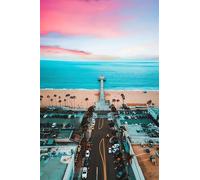 Coastal Beach Sunset background Wall Art, Ocean Lighthouse Scene, Aerial Photography Print
