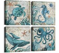 Coastal Beach Wall Art for Living Room Sea Turtle Pictures Bathroom Wall Decor Teal Blue Nautical Themed Seahorse Canvas Painting Ocean Animal Whale Posters Bedroom Kitche Home Decoration 8x8" 4