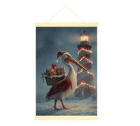 Coastal Bird Canvas Hanging Poster Wall Art, Christmas Fanciful Lighthouse Santa Hat Christmas Red Hanging Poster with Frames Bathroom Kitchen Bedroom Decor 16x24 Inches
