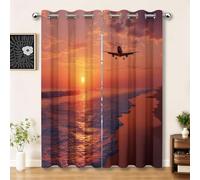 Coastal Blackout Curtains for Bedroom, Beach Sunset Airplane Curtains for Living Room, Orange Darkening Eyelet Curtain Thermal Insulated Window Curtain Drapes 2 Panel, W 29.5" x L 65"