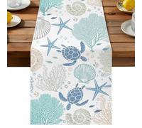Coastal Blue Sea Turtle Table Runner, Starfish Shell Coral Nautical Ocean Cotton and Table Linen Runner for Kitchen Dining Home Decor for Party Festival Holiday Decoration Gift 13x48in