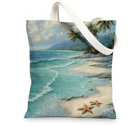 Coastal Canvas Tote Bags, Artistic Ocean Scene Pattern Reusable Shopping Bags, Tropical Beach Lightweight Washable Shoulder, Blue, 13x15 Inch