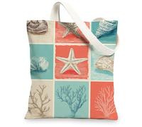 Coastal Canvas Tote Bags, Nautical Shell Pattern Reusable Shopping Bags, Vintage Beach Style Lightweight Washable Carryall for Travel Outdoor Picnic 13x15 Inch