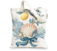 Coastal Canvas Tote Bags, Vintage Shell and Lemon Pattern Reusable Grocery Bags, Lightweight Washable Shoulder Strap Canvas, White, 13x15 Inch