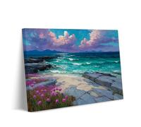Coastal Canvas Wall Art - The Azure Path - Impressionist Seascape Painting Print - Ocean Rocky Shore Pink Flowers, Beach Landscape for Living Room Bedroom Decor (art-1,60 x 90 cm Framed)