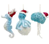 Coastal Christmas Ornaments - Seahorse, Jellyfish, Octopus Holiday Beach Tree Decorations, Set of 3