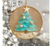 Coastal Christmas Tree Ornament, Sea Glass Christmas Tree Decorations with Rope Starfish Topper and Seashell Accents, Acrylic Faith-Themed Ornament for Coastal Home Decor Blue