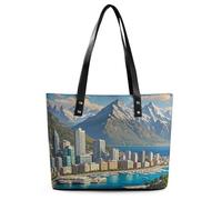 Coastal Cities Tote Bag Large Soft Leather Purse with Zipper Lightweight Ladies Shoulder Handbag