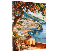 Coastal Citrus Canvas Wall Art, Orange Blue Amalfi Coast Landscape Prints, Mediterranean Style Home Aesthetic Decor For Living Room, Dining Room, Office, Unframed 12x16 Inch