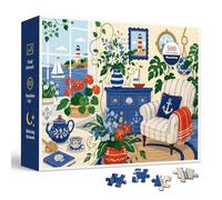 Coastal Cottage 500 Piece Jigsaw Puzzle for Adults & Teens, Nautical Sunroom Art with Lighthouse View, Sailboats, Flowers, Striped Armchair, Blue Cabinet, Anchor Pillow and Seaside Garden Charm Scene