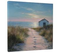 Coastal Cottage Canvas Wall Art, Blue Beige Beach House Print, Summer Seaside Decor for Living Room, Bedroom, Bathroom, Office, Wrapped Canvas 12x12 Inch