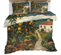 Coastal Country King Size Bed Sets Mediterranean Cottage Bedding Sets Natural Landscape Duvet Cover Orange Tree Comforter Covers Mountain Quilt Cover & Pillowcase 3-Piece Soft Microfiber