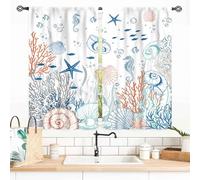 Coastal Curtains, Beach Theme Nautical Sea Turtle Starfish Seashell Seahorse Blackout Drapes for Bedroom Living Room Kids Room Bathroom Kitchen Window Treatments 2 Panel Sets, 55x39 Inch