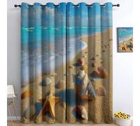 Coastal Curtains Blue Sky Beach Wooden Stakes 3D Print Pattern Eyelet Thermal Blackout Darkening Curtains Soft Soundproof Privacy Window Drapes for Living Room Bedroom 2 Panels 39 x 43 Inch