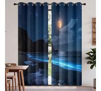 Coastal Fantasy Blackout Curtains Eyelet, Night Scene Beach Moon Printed Thermal Insulated Curtain for Living Room Bedroom Nursery Home Office, 2 Panels W 55" x L 102", Dark