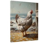 Coastal Farmhouse Chicken Canvas Wall Art, White Brown Rustic Hen Poster Prints, Vintage Home Decor for Kitchen, Living Room, Dining Room, Wrapped Canvas 12x16 Inch