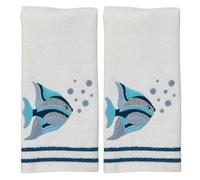 Coastal Fingertip Towels for Bathroom - Set of 2 White 100% Cotton Embroidered Fish with Bubbles Design - 12 x 18” Bath & Kitchen Decor