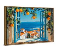 Coastal Framed Canvas Wall Art Ocean View with Orange Tree Pictures for Living Room Mediterranean Summer Balcony Window Landscape Artwork Modern Seascape Painting Beach House Bedroom Decoration 12x16