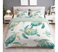 Coastal Fresh Duvet Cover Sets Double Size 79" x 79" Bedding Set 3 Pcs Soft Microfiber Sea Turtle Pine Tree Beige White Tropical Beach Bedding Quilt Cover with Zipper Closure & Pillowcases