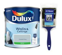 Coastal Grey Walls & Ceilings Silk Emulsion Paint 2.5L + 3" Emulsion Paint Brush - Smooth Washable Silk Finish, Quick Dry, Low-VOC, Easy Application for Interior Walls & Ceilings